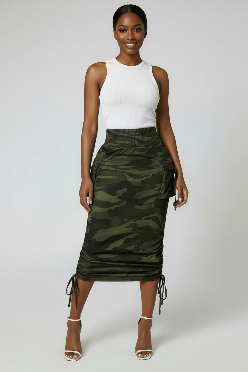 Camo Drawstring Midi Skirt