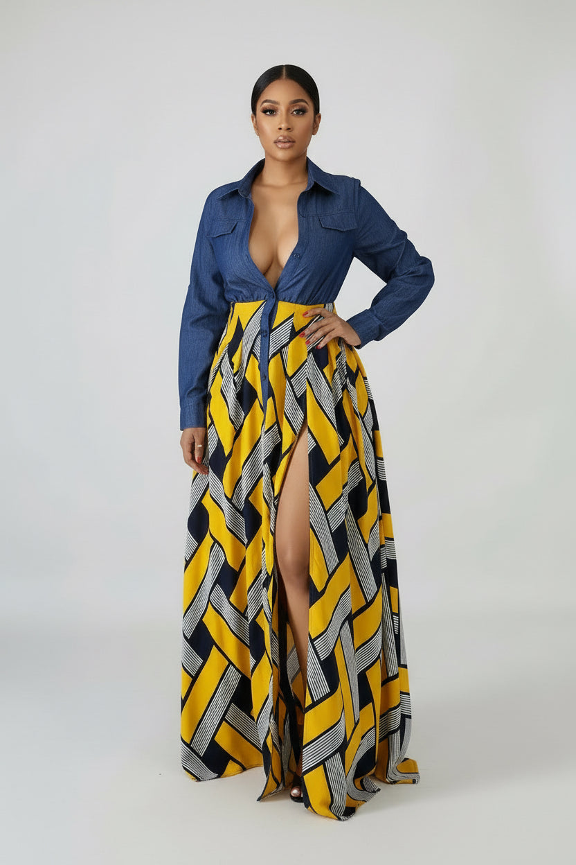 Denim Yellow Aztec Dress