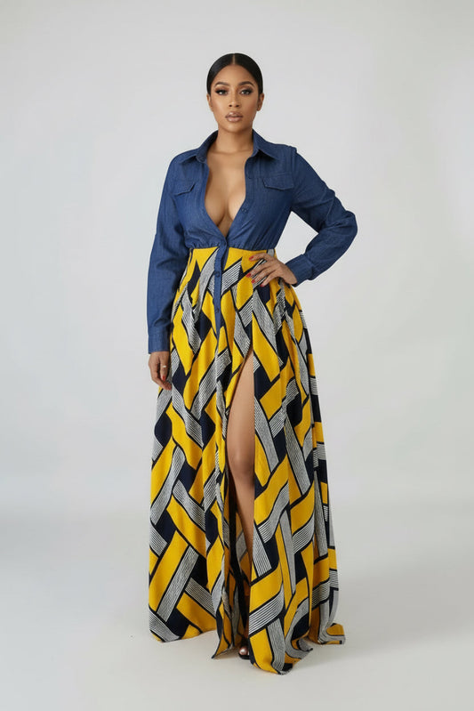 Denim Yellow Aztec Dress