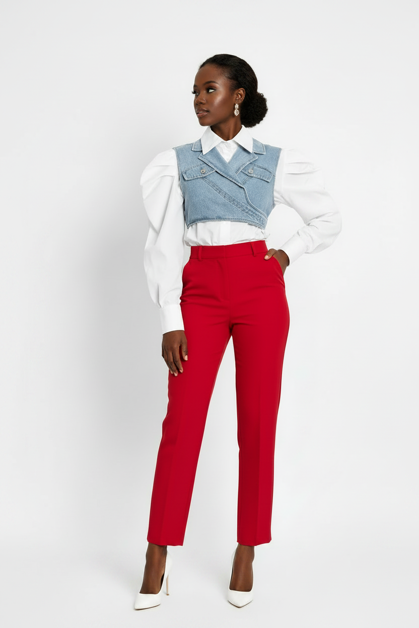 Denim Contrast Puff Sleeve Blouse