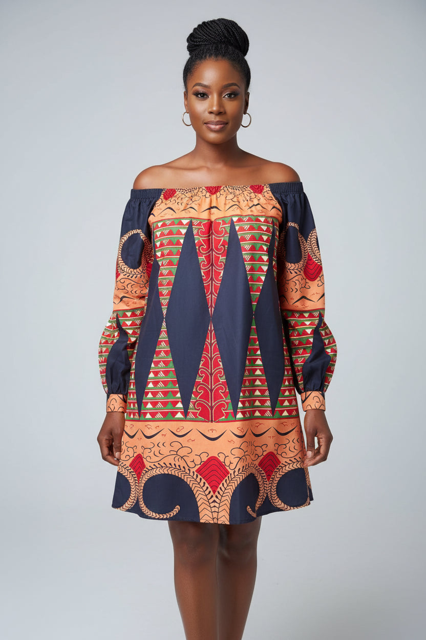 African-Inspired Off-the-Shoulder Print Dress
