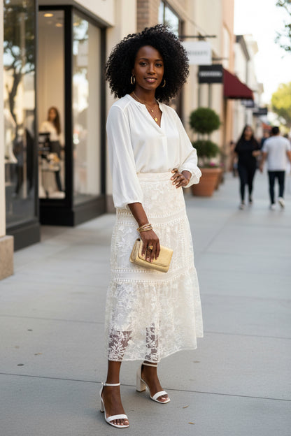 Ivory Garden Lace Midi Skirt