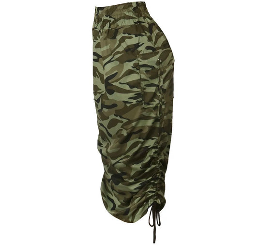 Camo Drawstring Midi Skirt