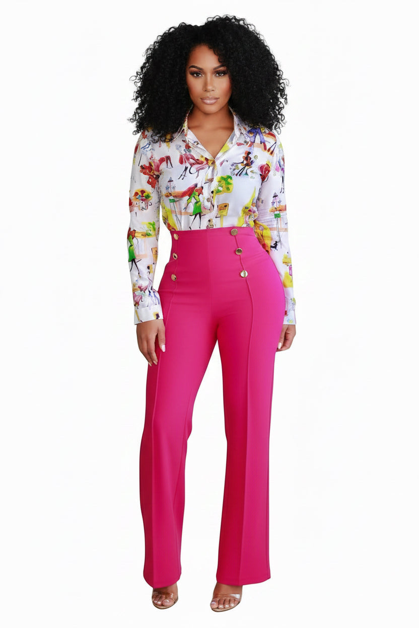 Executive Chic Button-Detail Flare Pants