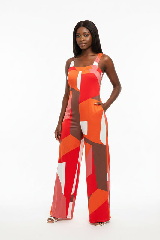 Orange Multicolor Printed Wide-leg Jumpsuit