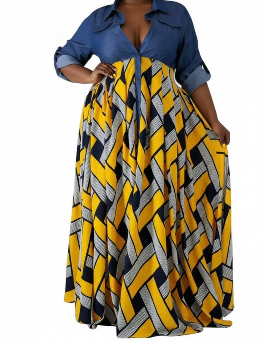 Denim Yellow Aztec Dress