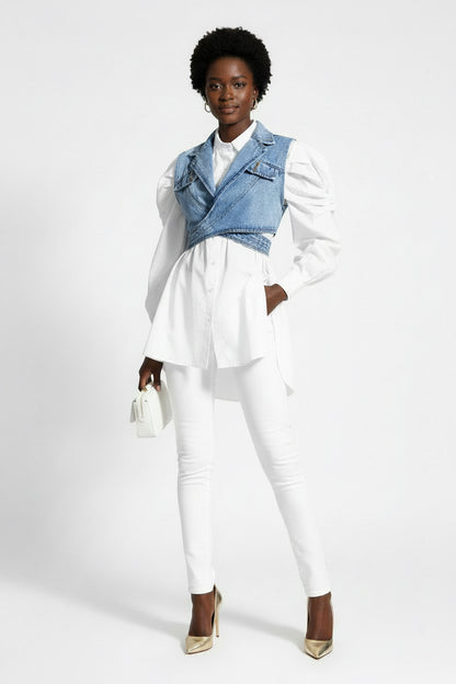 Denim Contrast Puff Sleeve Blouse