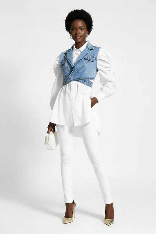 Denim Contrast Puff Sleeve Blouse