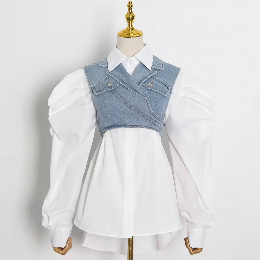 Denim Contrast Puff Sleeve Blouse