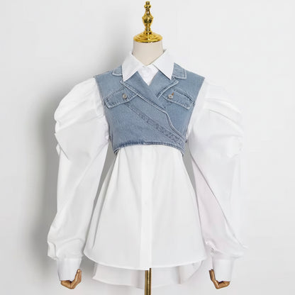 Denim Contrast Puff Sleeve Blouse