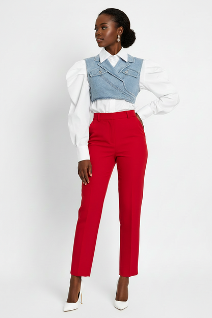 Denim Contrast Puff Sleeve Blouse