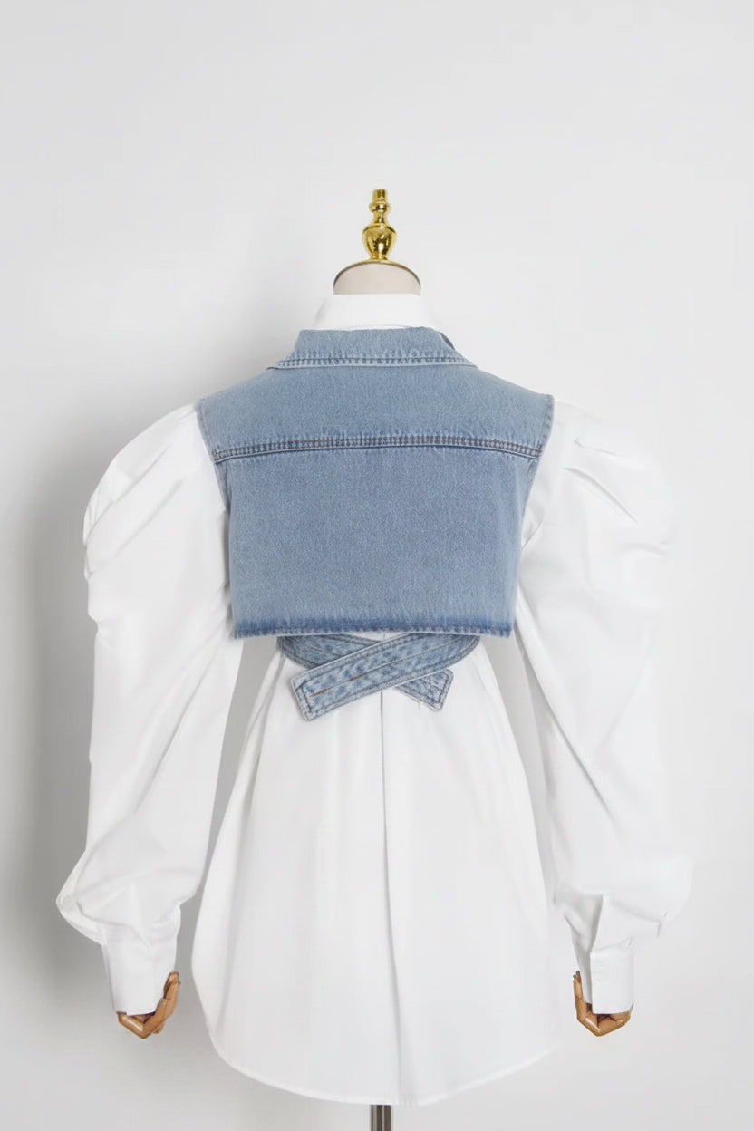 Denim Contrast Puff Sleeve Blouse