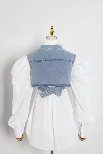 Denim Contrast Puff Sleeve Blouse
