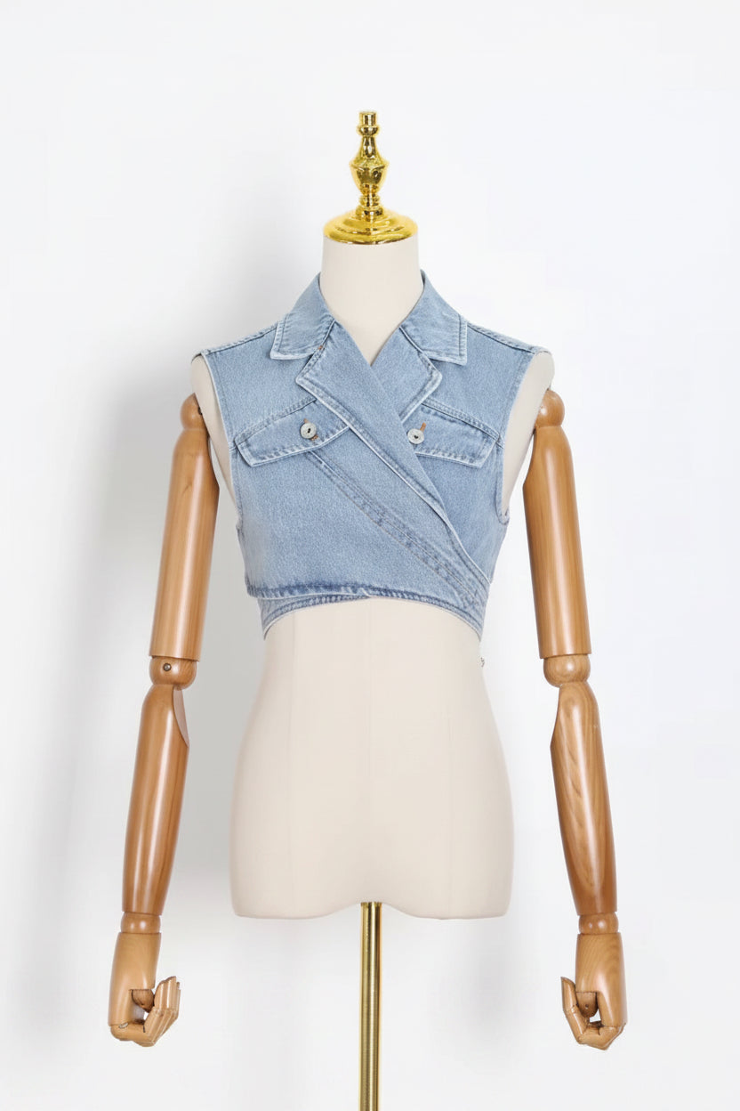 Denim Contrast Puff Sleeve Blouse