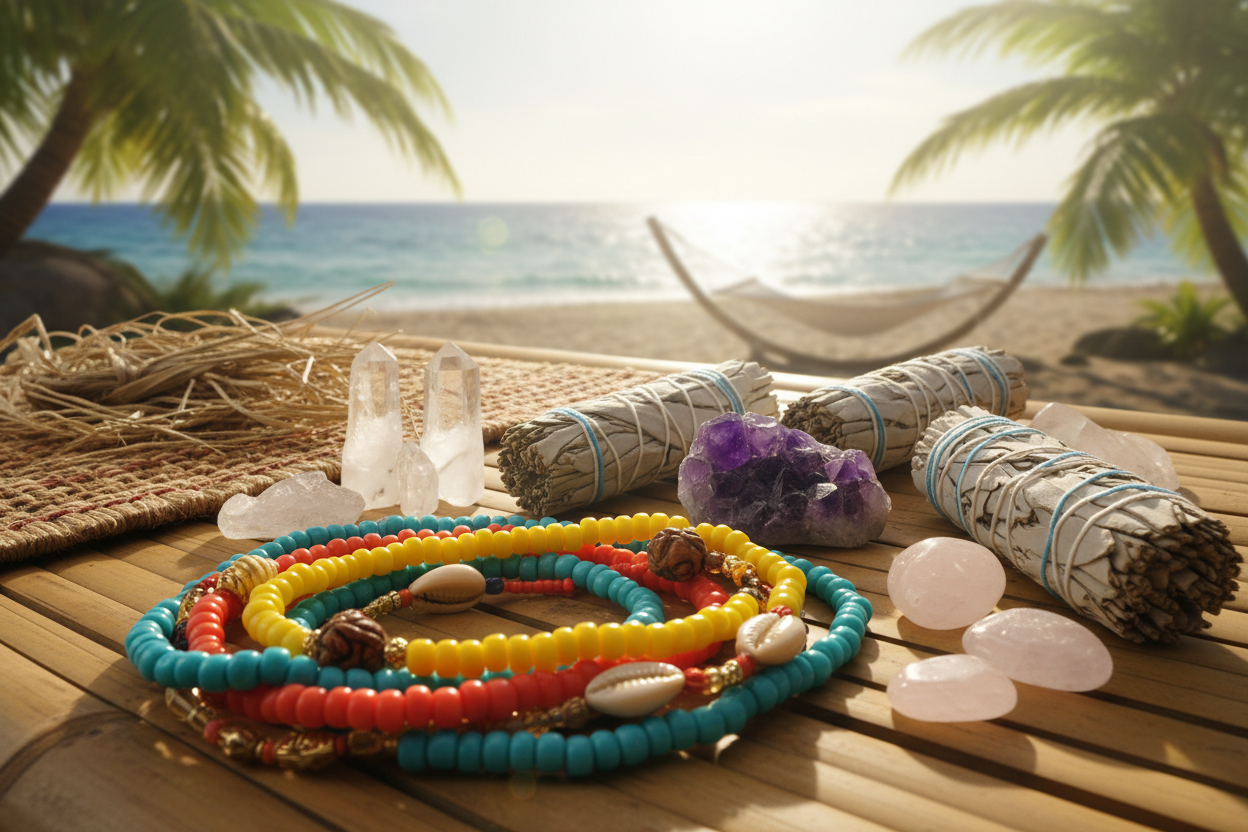CREATE ME A PHOTO WITH WAIST BEADS, CRYSTALS SAGE MAKE IS ISLAND VIBES 